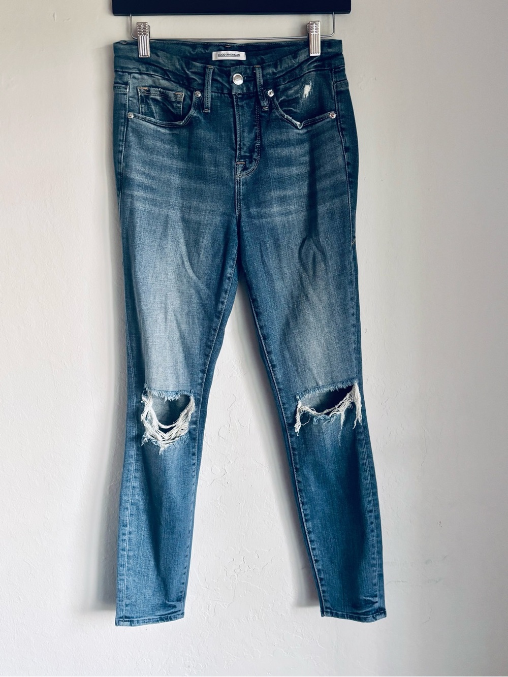 Good American Good Legs High-Rise Distressed Skinny Jeans, Blue, Sz 0/25